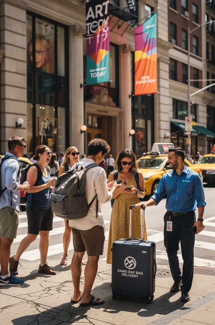 Путешественник в центре города США без багажа, наслаждающийся осмотром достопримечательностей. Курьер с фирменной сумкой компании доставляет багаж клиента прямо в отель. Водитель службы доставки аккуратно загружает чемоданы в автомобиль на фоне городских небоскребов. Турист получает уведомление на смартфон о своевременной доставке багажа в выбранную точку. Карта маршрута службы доставки с отметками отелей и популярных туристических мест. Сотрудник службы поддержки консультирует клиента по вопросам безбагажного туризма и доставки багажа.